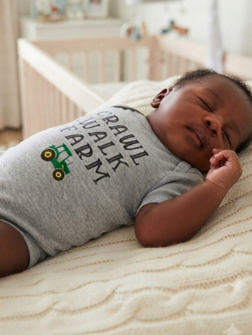 Gerber 0-3M Gray Onesie "Crawl Walk Farm" with Green & Yellow Tractor